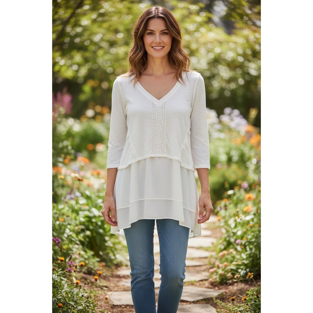 Meadow Rue Anthropologie White Rayon Linen Lace Crochet Tunic Top 3/4 Sleeves S
